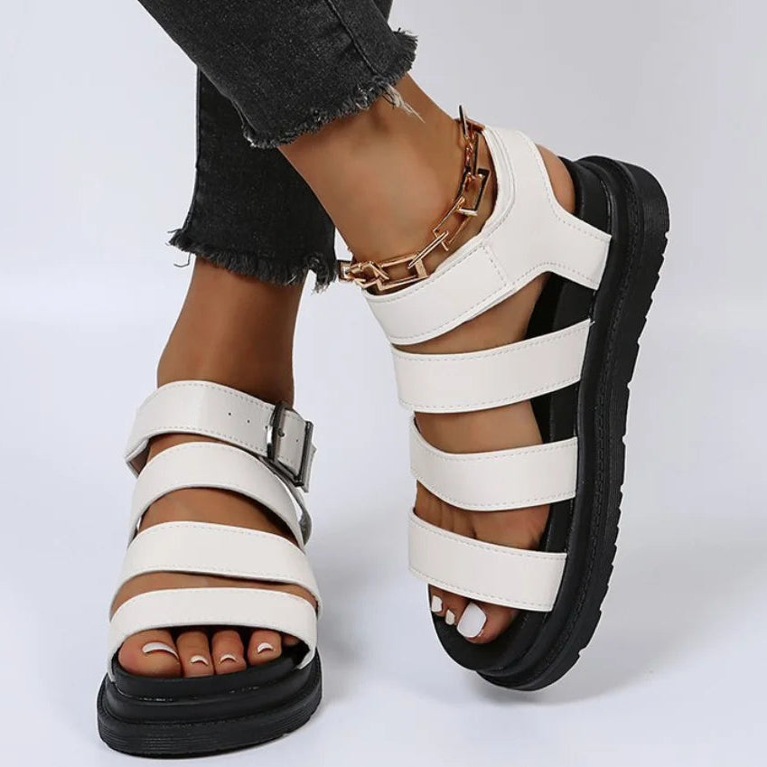 Women's Chunky Platform Gladiator Sandals with Strappy Upper Buckle Ankle Strap Summer Shoes-Women's Sandals-White-4-