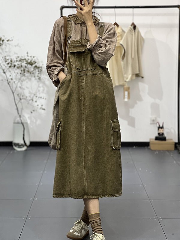 Vintage-Inspired Cargo Overall Dress-Dresses-CAMOUFIT-Thatch Green-S-Camoufit