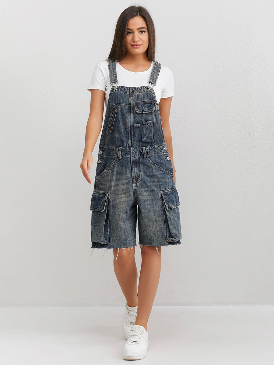 Vintage-Inspired Denim Overall Shorts-Jumpsuits & Overalls-Camoufit