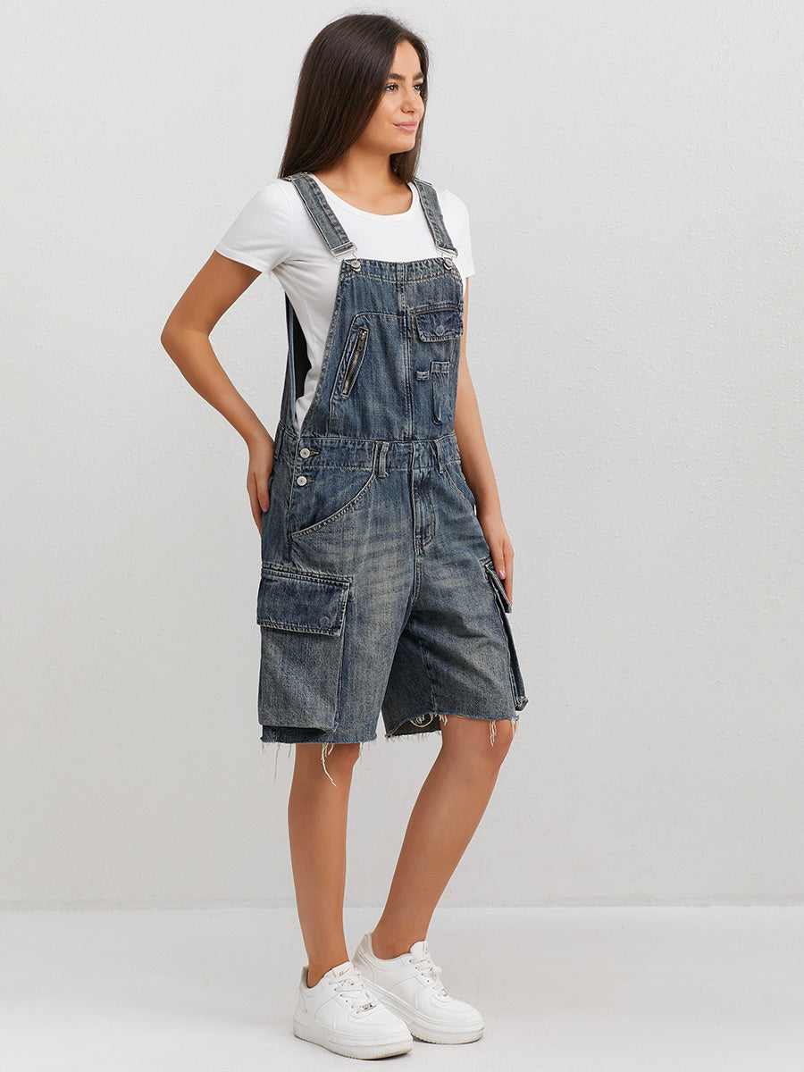 Vintage-Inspired Denim Overall Shorts-Jumpsuits & Overalls-Camoufit