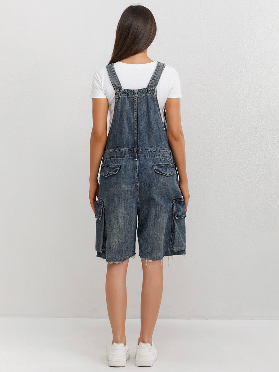 Vintage-Inspired Denim Overall Shorts-Jumpsuits & Overalls-Camoufit