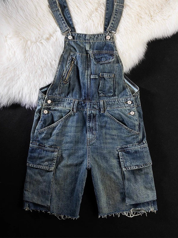 Vintage-Inspired Denim Overall Shorts-Jumpsuits & Overalls-Camoufit