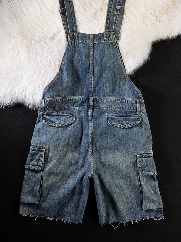 Vintage-Inspired Denim Overall Shorts-Jumpsuits & Overalls-Camoufit