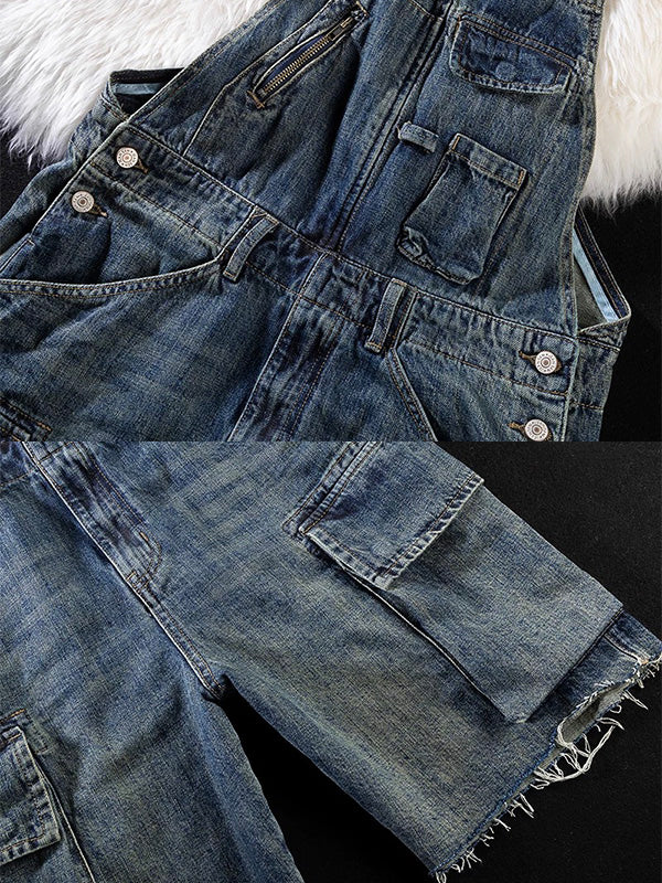 Vintage-Inspired Denim Overall Shorts-Jumpsuits & Overalls-Camoufit