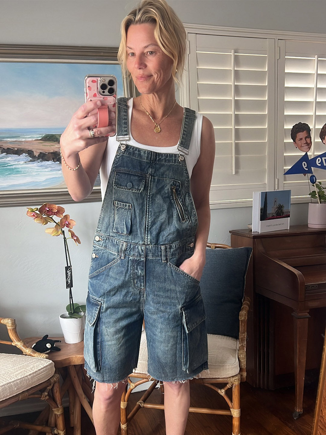 Vintage-Inspired Denim Overall Shorts-Jumpsuits & Overalls-Medium Blue-S-Camoufit