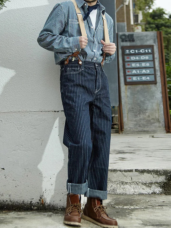 Vintage-Inspired Striped Straight Denim Suspender Jeans Overalls-Jumpsuits & Overalls-Camoufit