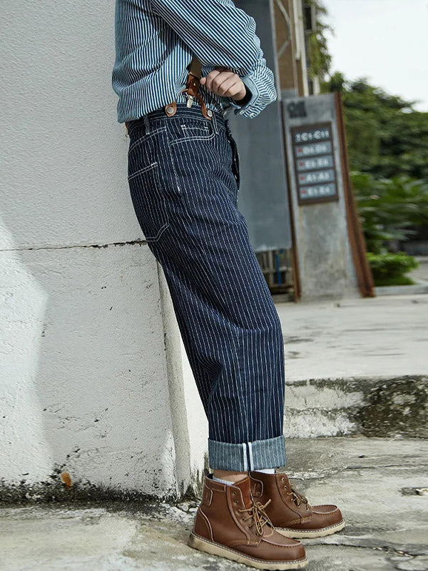 Vintage-Inspired Striped Straight Denim Suspender Jeans Overalls-Jumpsuits & Overalls-Camoufit