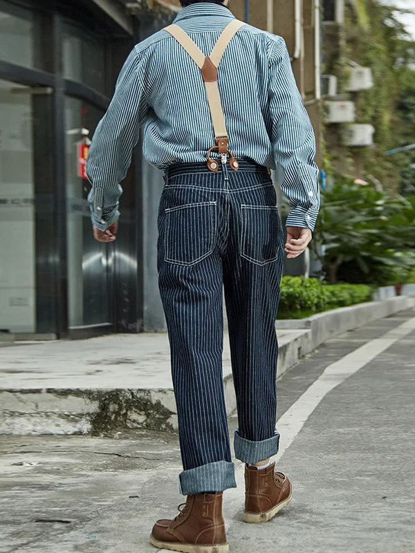 Vintage-Inspired Striped Straight Denim Suspender Jeans Overalls-Jumpsuits & Overalls-Camoufit
