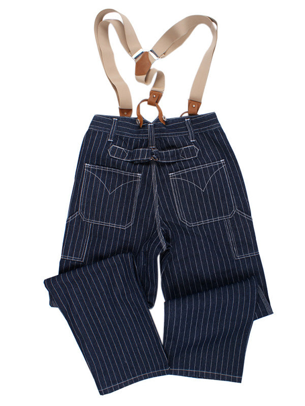 Vintage-Inspired Striped Straight Denim Suspender Jeans Overalls-Jumpsuits & Overalls-Camoufit