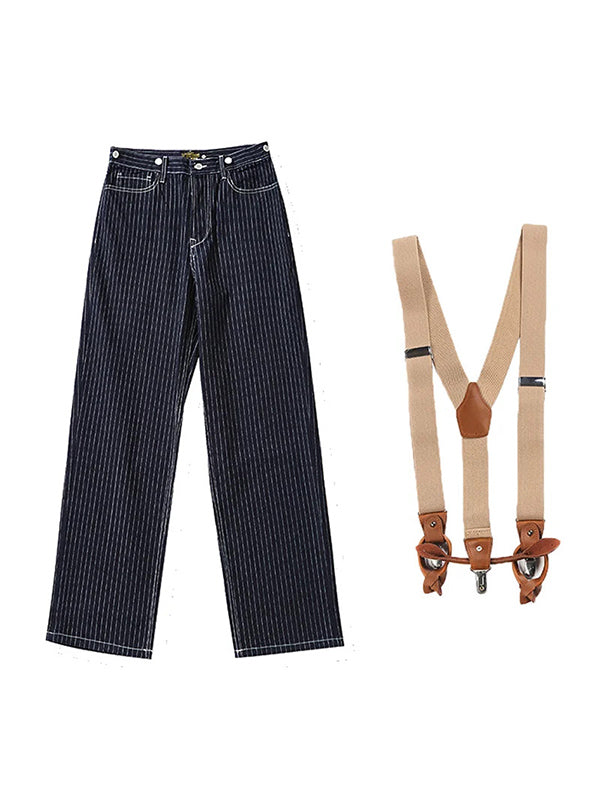 Vintage-Inspired Striped Straight Denim Suspender Jeans Overalls-Jumpsuits & Overalls-Camoufit