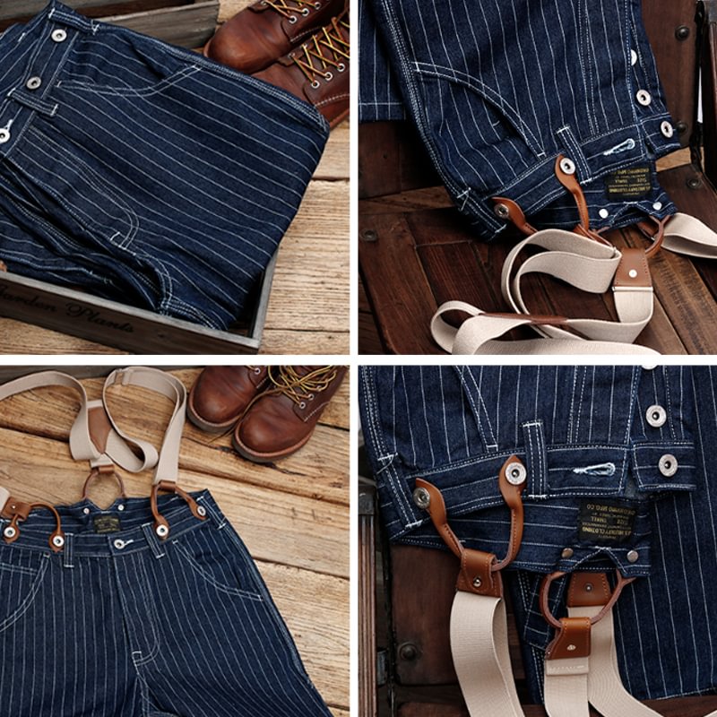 Vintage-Inspired Striped Straight Denim Suspender Jeans Overalls-Jumpsuits & Overalls-Camoufit