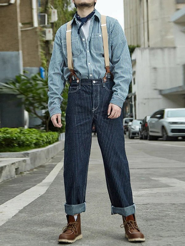 Vintage-Inspired Striped Straight Denim Suspender Jeans Overalls-Jumpsuits & Overalls-CAMOUFIT-Stripe Blue-XS-Camoufit