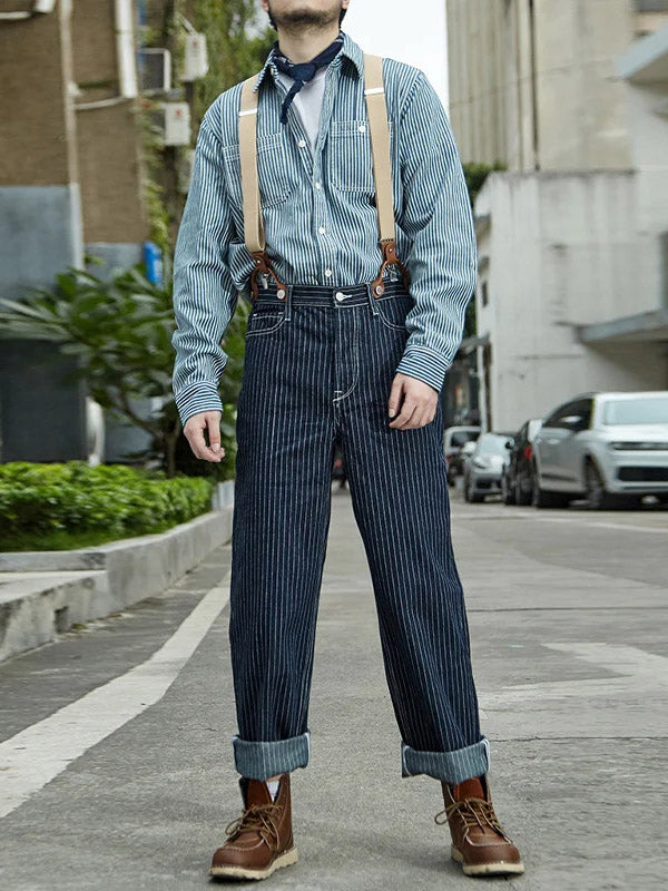 Vintage-Inspired Striped Straight Denim Suspender Jeans Overalls-Jumpsuits & Overalls-Stripe Blue-XS-Camoufit