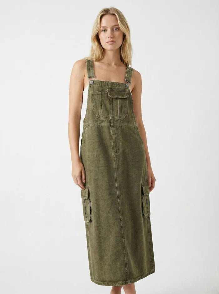 Vintage-Inspired Cargo Overall Dress-Dresses-CAMOUFIT-Thatch Green-S-Camoufit
