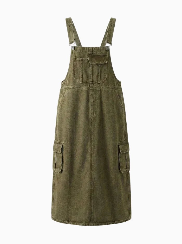Vintage-Inspired Cargo Overall Dress-Dresses-CAMOUFIT-Thatch Green-S-Camoufit