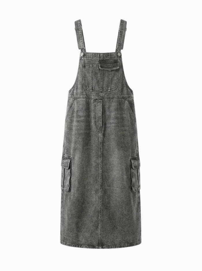 Vintage-Inspired Cargo Overall Dress-Dresses-CAMOUFIT-Gray-S-Camoufit