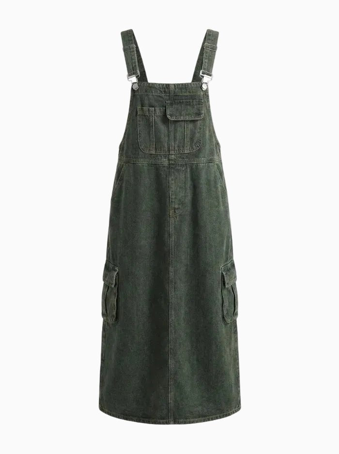 Vintage-Inspired Cargo Overall Dress-Dresses-CAMOUFIT-Green-S-Camoufit
