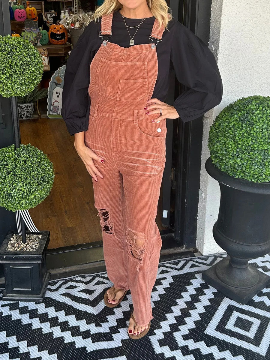 Vintage-Inspired Distressed Corduroy Overalls 2