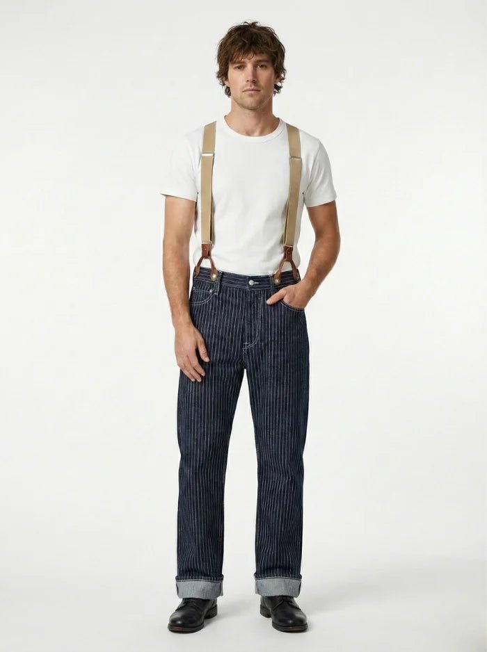 Vintage-Inspired Striped Straight Denim Suspender Jeans Overalls-Jumpsuits & Overalls-CAMOUFIT-Stripe Blue-XS-Camoufit