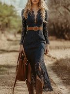 Évara | Midi Dress for Women - V Neck Long Sleeve Blue Lace Vintage Boho Flattering Fit-Dresses-Blue-XS-Camoufit