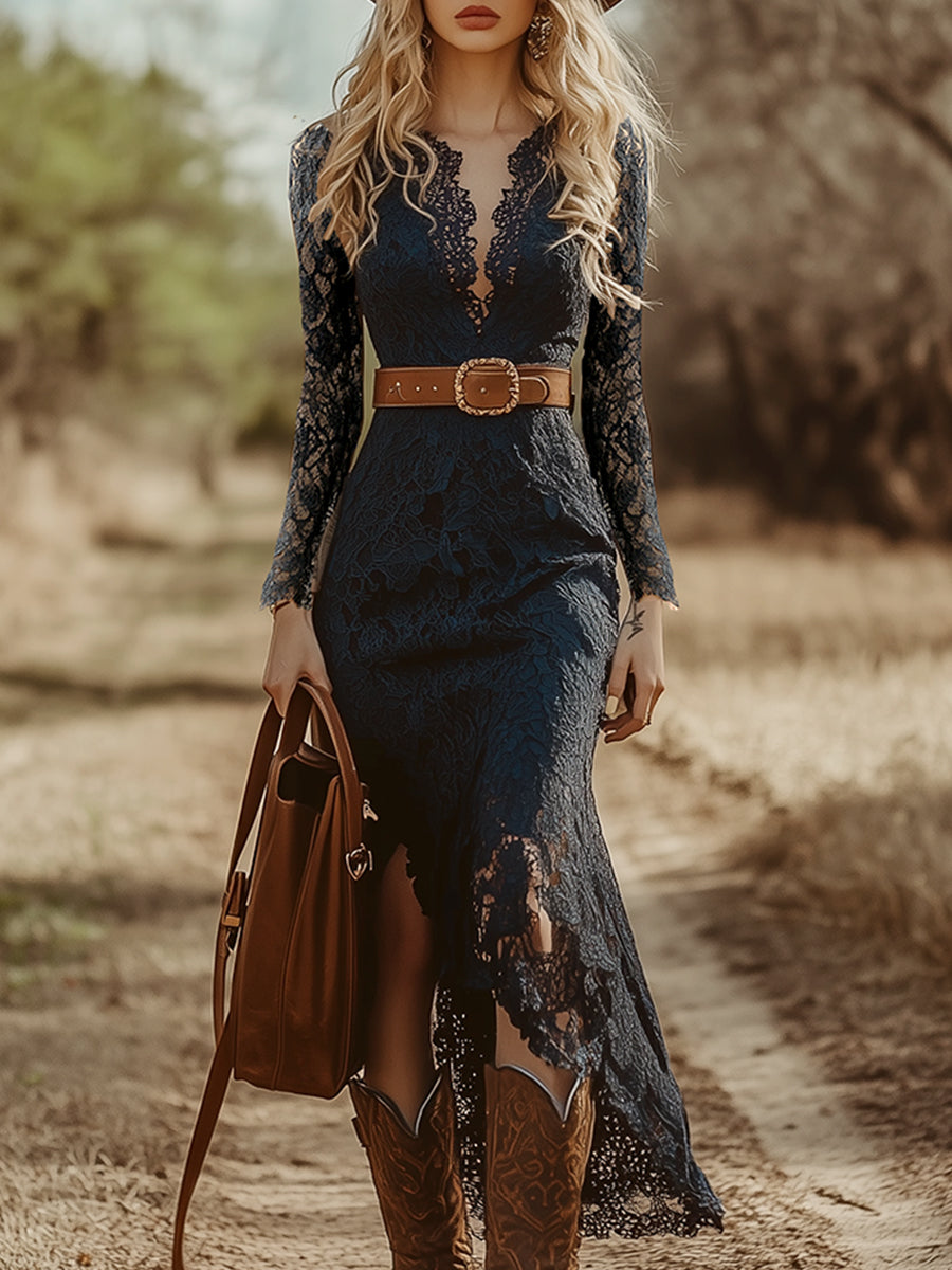 Évara | Midi Dress for Women - V Neck Long Sleeve Blue Lace Vintage Boho Flattering Fit-Dresses-Blue-XS-Camoufit