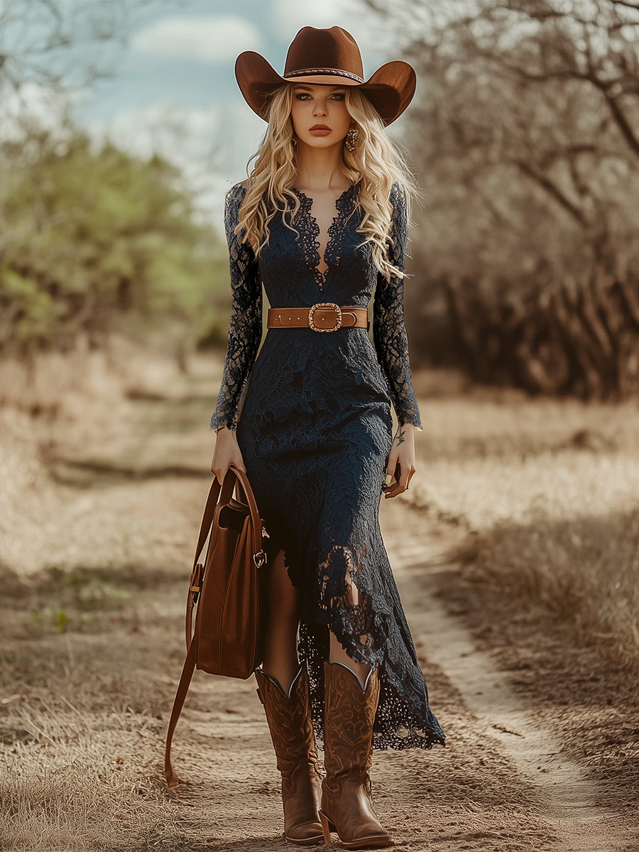 Évara | Midi Dress for Women - V Neck Long Sleeve Blue Lace Vintage Boho Flattering Fit-Dresses-Blue-XS-Camoufit