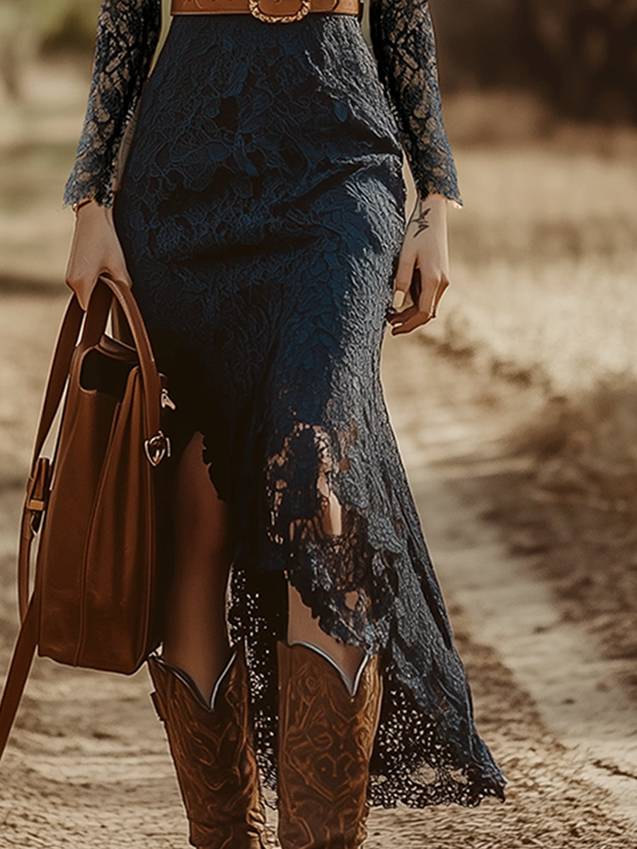 Évara | Midi Dress for Women - V Neck Long Sleeve Blue Lace Vintage Boho Flattering Fit-Dresses-Blue-XS-Camoufit