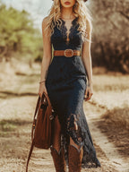 Solenne | Lace Midi Dress for Women - Sleeveless Blue Vintage Boho Waistband Loose Romantic Fit-Dresses-Blue-XS-Camoufit