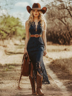 Solenne | Lace Midi Dress for Women - Sleeveless Blue Vintage Boho Waistband Loose Romantic Fit-Dresses-Blue-XS-Camoufit
