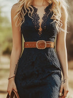 Solenne | Lace Midi Dress for Women - Sleeveless Blue Vintage Boho Waistband Loose Romantic Fit-Dresses-Blue-XS-Camoufit