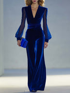 Roséa | Velvet Jumpsuit for Women - V Neck Mesh Long Sleeve Royal Blue Vintage Flattering Fit-Jumpsuit-Royal Blue-XS-Camoufit