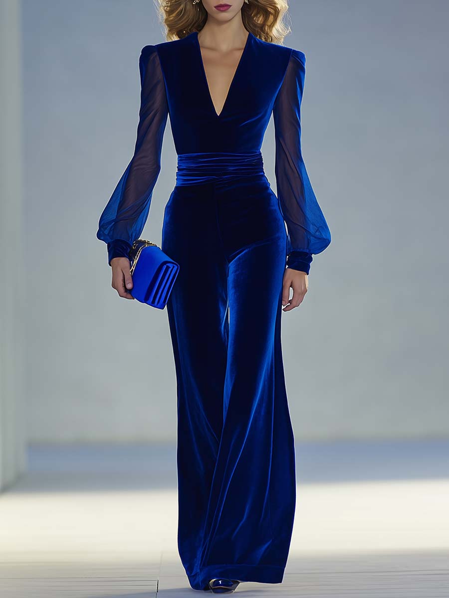 Roséa | Velvet Jumpsuit for Women - V Neck Mesh Long Sleeve Royal Blue Vintage Flattering Fit-Jumpsuit-Royal Blue-XS-Camoufit
