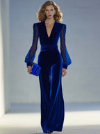 Roséa | Velvet Jumpsuit for Women - V Neck Mesh Long Sleeve Royal Blue Vintage Flattering Fit-Jumpsuit-Royal Blue-XS-Camoufit