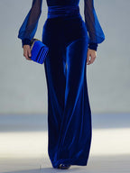 Roséa | Velvet Jumpsuit for Women - V Neck Mesh Long Sleeve Royal Blue Vintage Flattering Fit-Jumpsuit-Royal Blue-XS-Camoufit