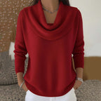 Elunara | Women's Jumper with Draped Collar Soft Cotton Blend Relaxed Fit Cosy Knit Pullover-Women's Sweater-Red-S-