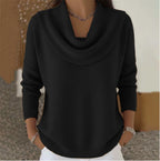 Elunara | Women's Jumper with Draped Collar Soft Cotton Blend Relaxed Fit Cosy Knit Pullover-Women's Sweater-Black-S-