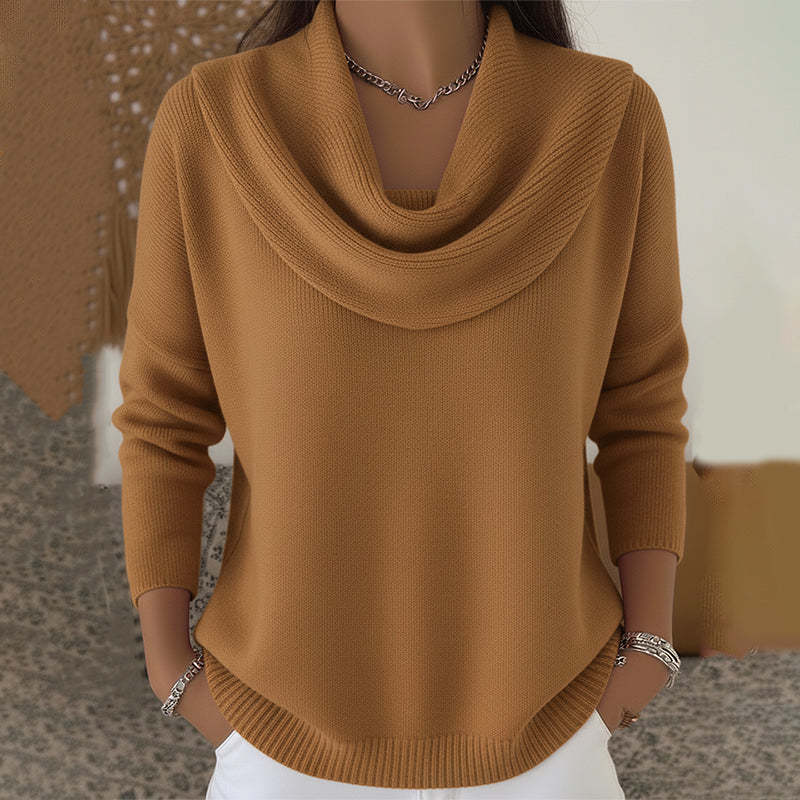 Elunara | Women's Jumper with Draped Collar Soft Cotton Blend Relaxed Fit Cosy Knit Pullover-Women's Sweater-Brown-S-