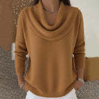 Elunara | Women's Jumper with Draped Collar Soft Cotton Blend Relaxed Fit Cosy Knit Pullover-Women's Sweater-Brown-S-
