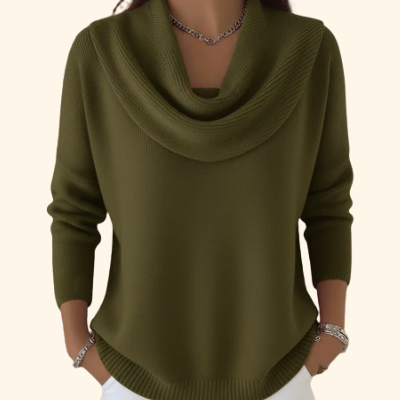 Elunara | Women's Jumper with Draped Collar Soft Cotton Blend Relaxed Fit Cosy Knit Pullover-Women's Sweater-Green-S-