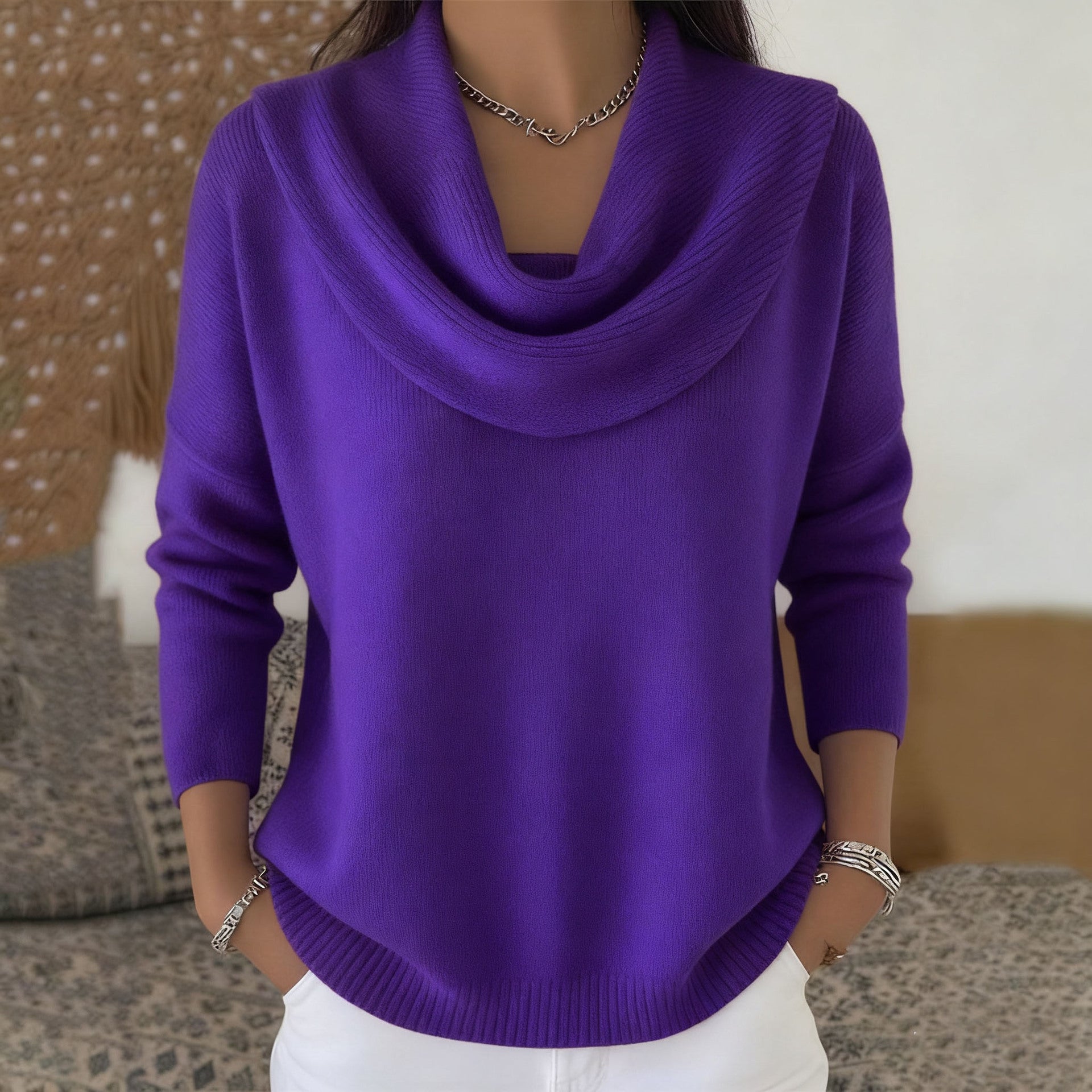 Elunara | Women's Jumper with Draped Collar Soft Cotton Blend Relaxed Fit Cosy Knit Pullover-Women's Sweater-Purple-S-