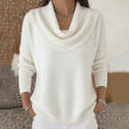 Elunara | Women's Jumper with Draped Collar Soft Cotton Blend Relaxed Fit Cosy Knit Pullover-Women's Sweater-White-S-