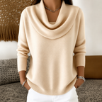 Elunara | Women's Jumper with Draped Collar Soft Cotton Blend Relaxed Fit Cosy Knit Pullover-Women's Sweater-Beige-S-