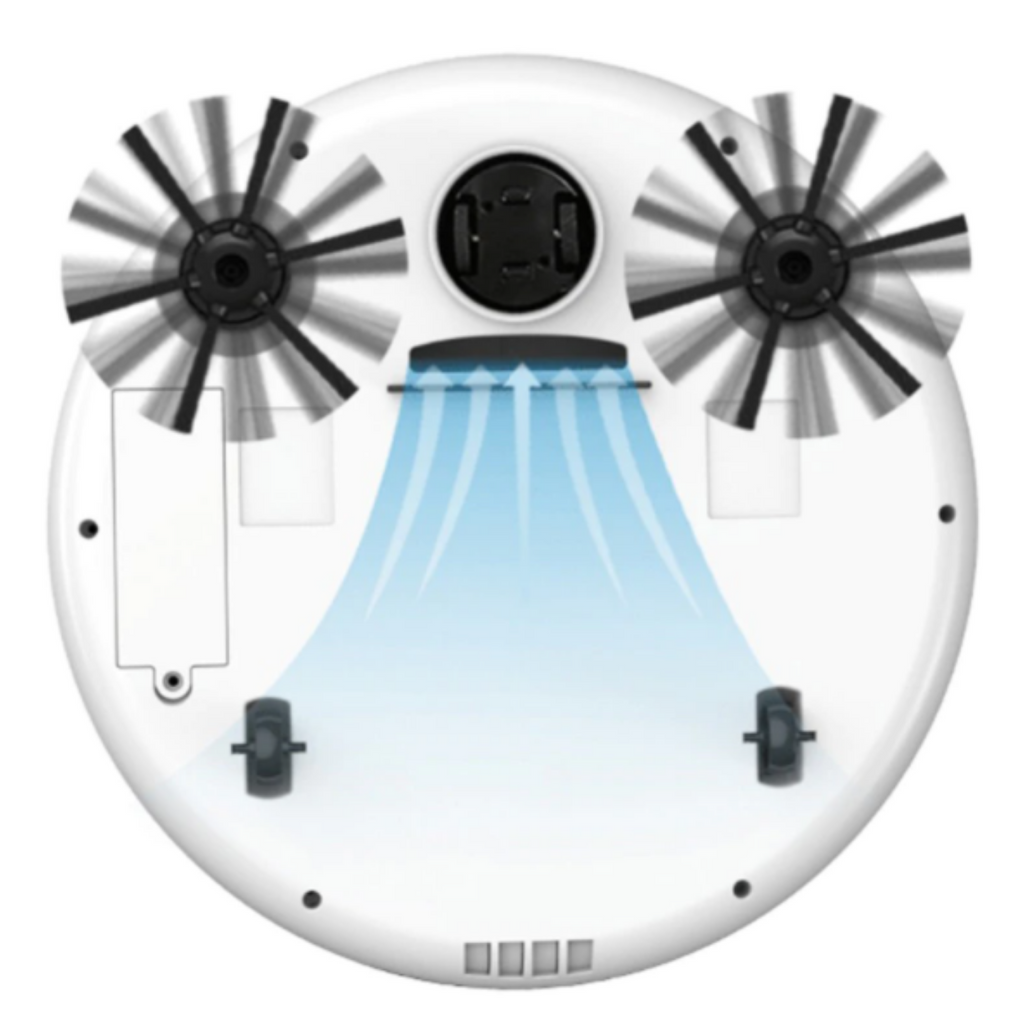 Robot vacuum cleaner with mop, underside view with side brushes, wheels, and cleaning nozzles.
