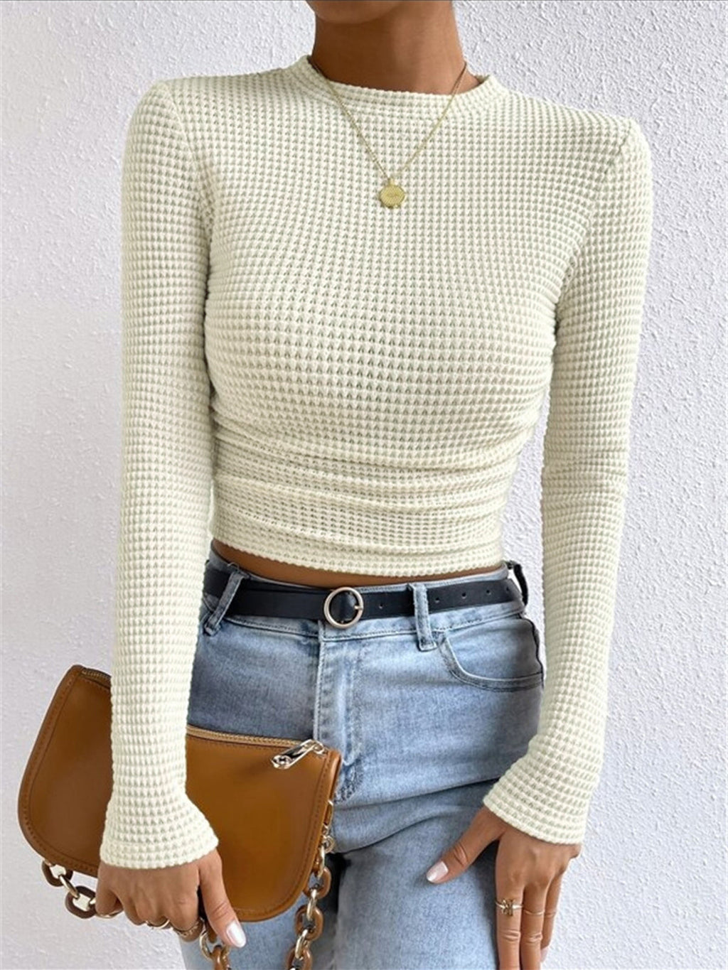 Lyssia | Women's Waffle Knit Top Long Sleeve Cropped Fitted Cosy Casual Off Duty Layering Tee-Women's Long Sleeve Tops-Beige-S-