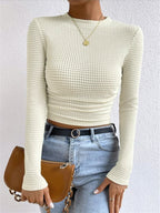 Lyssia | Women's Waffle Knit Top Long Sleeve Cropped Fitted Cosy Casual Off Duty Layering Tee-Women's Long Sleeve Tops-Beige-S-