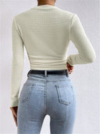 Lyssia | Women's Waffle Knit Top Long Sleeve Cropped Fitted Cosy Casual Off Duty Layering Tee-Women's Long Sleeve Tops-Beige-S-