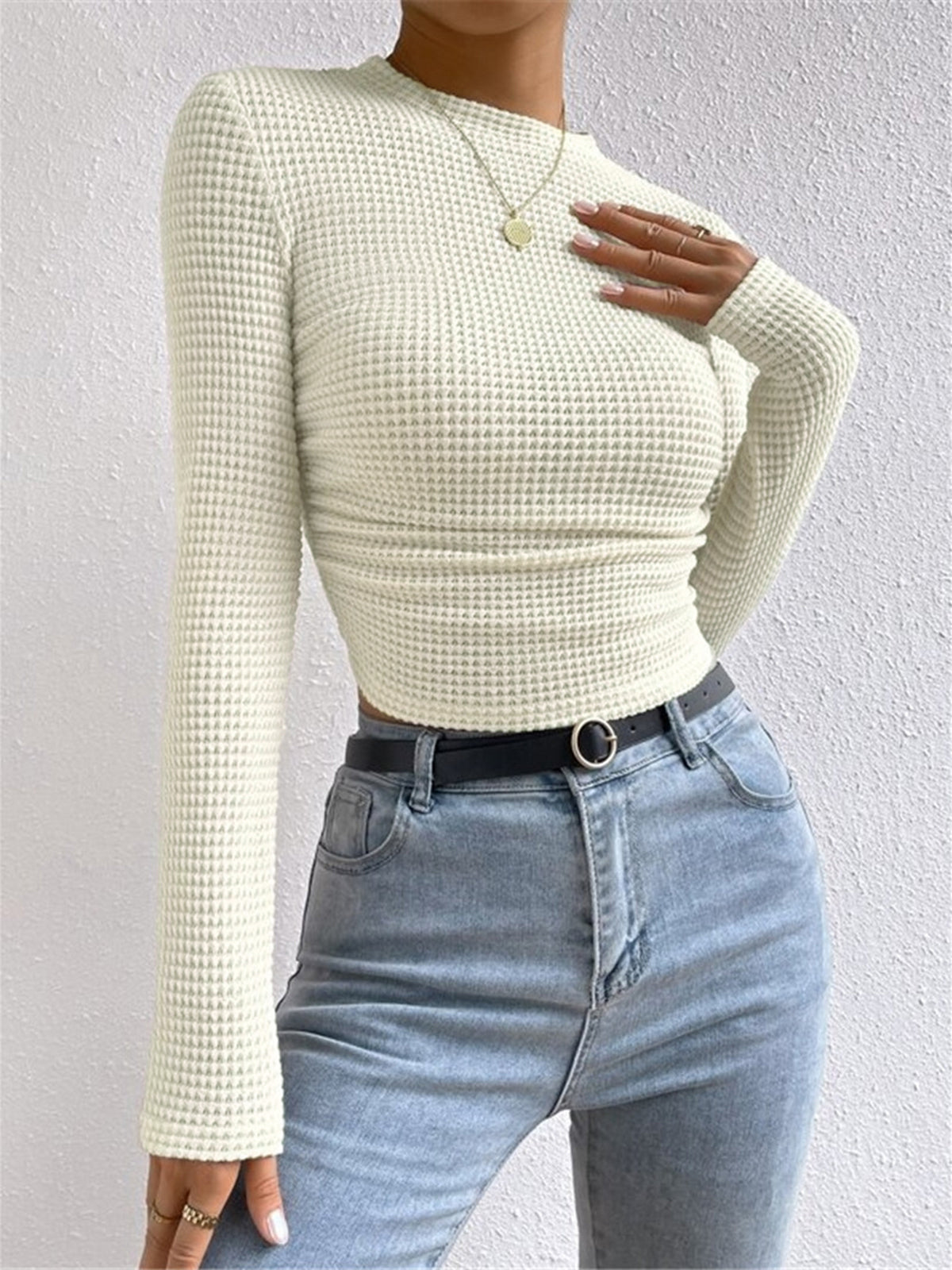 Lyssia | Women's Waffle Knit Top Long Sleeve Cropped Fitted Cosy Casual Off Duty Layering Tee-Women's Long Sleeve Tops-Beige-S-