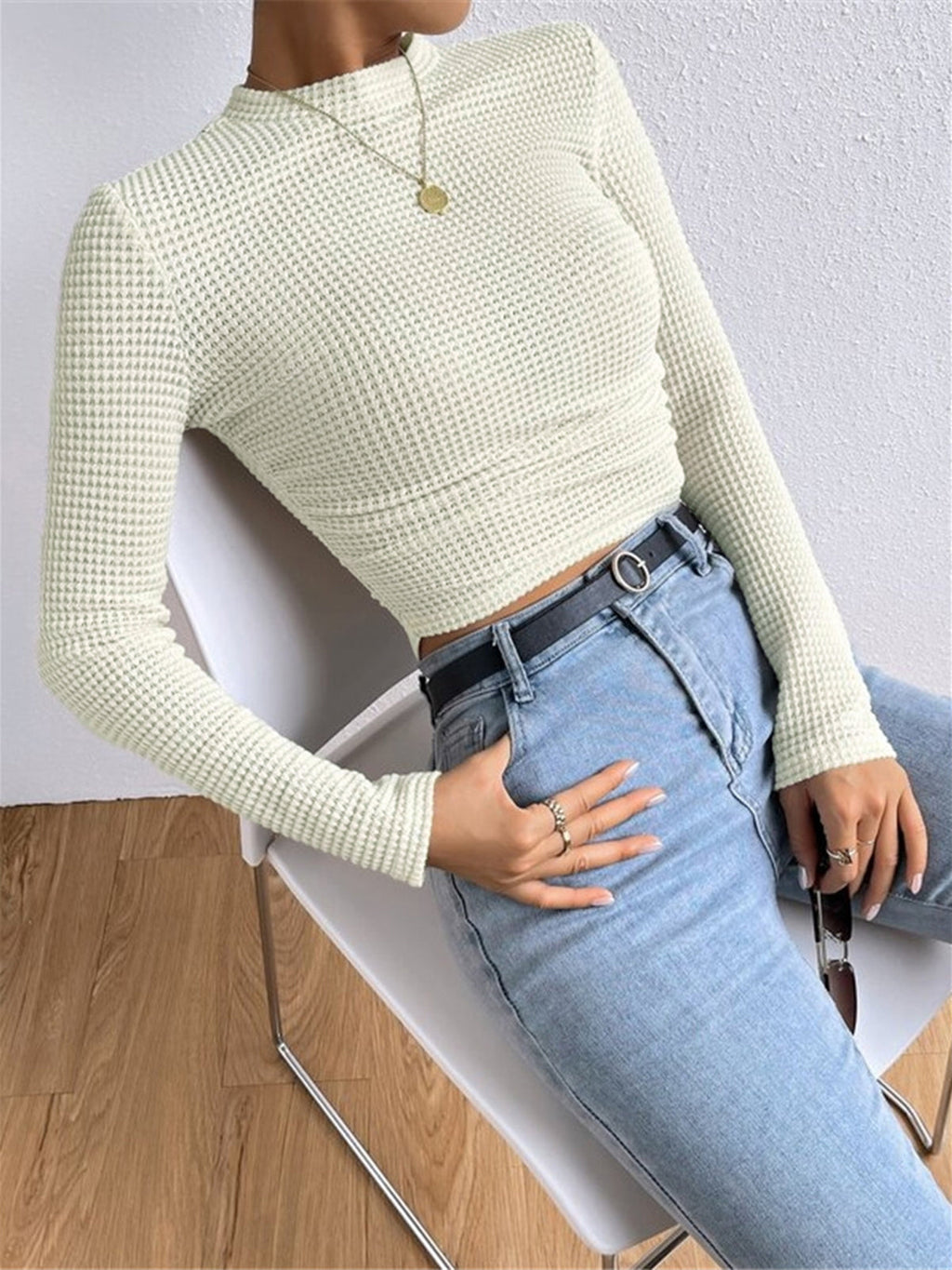 Lyssia | Women's Waffle Knit Top Long Sleeve Cropped Fitted Cosy Casual Off Duty Layering Tee-Women's Long Sleeve Tops-Beige-S-