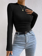 Lyssia | Women's Waffle Knit Top Long Sleeve Cropped Fitted Cosy Casual Off Duty Layering Tee-Women's Long Sleeve Tops-Black-S-