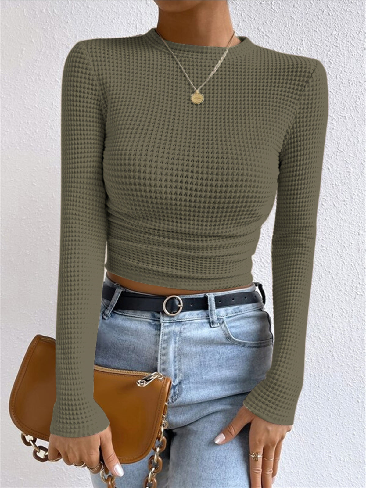 Lyssia | Women's Waffle Knit Top Long Sleeve Cropped Fitted Cosy Casual Off Duty Layering Tee-Women's Long Sleeve Tops-Dark Green-S-
